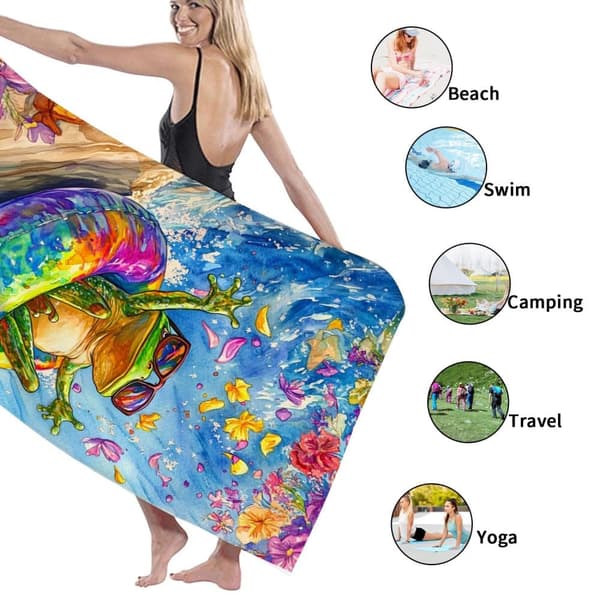 Bomclap Rantapyyhe 70x140cm - Fröhlicher Frosch auf buntem Schwimmring - Motif Quick keinuva Kylpypyyhe Matkapyyhe