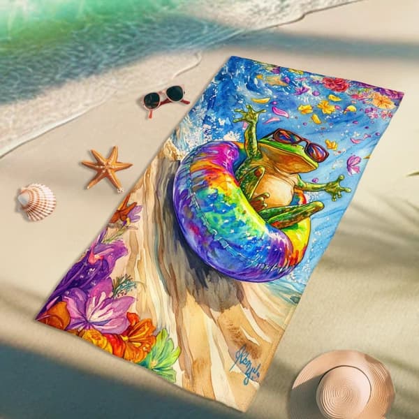 Bomclap Rantapyyhe 70x140cm - Fröhlicher Frosch auf buntem Schwimmring - Motif Quick keinuva Kylpypyyhe Matkapyyhe