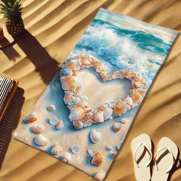 Bomclap Strandhåndklæde 70x140cm - Herz aus Muscheln am Strand - Motiv mit Wellen - Hintergrund Fast Rock Badehåndklæde Rejsehåndklæde