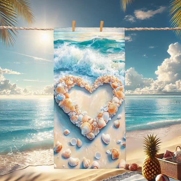 Bomclap Strandhåndklæde 70x140cm - Herz aus Muscheln am Strand - Motiv mit Wellen - Hintergrund Fast Rock Badehåndklæde Rejsehåndklæde