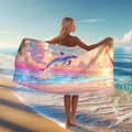 Pikkukuva 1 / 4: Bomclap Rantapyyhe 70x140cm - Delfiini - Aihe Magischer, Farbenfroher - Taide - Tyyli Nopeasti keinuva kylpypyyhe Matkapyyhe