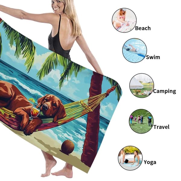Bomclap Rantapyyhe 70x140cm - Dackelhund im Strandhammock - Motif mit Fruchtsaft Snabbrocknendes Kylpypyyhe Matkapyyhe