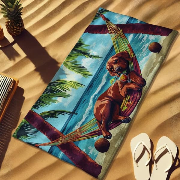 Bomclap Rantapyyhe 70x140cm - Dackelhund im Strandhammock - Motif mit Fruchtsaft Snabbrocknendes Kylpypyyhe Matkapyyhe