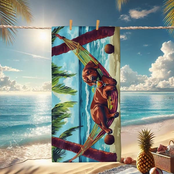 Bomclap Rantapyyhe 70x140cm - Dackelhund im Strandhammock - Motif mit Fruchtsaft Snabbrocknendes Kylpypyyhe Matkapyyhe