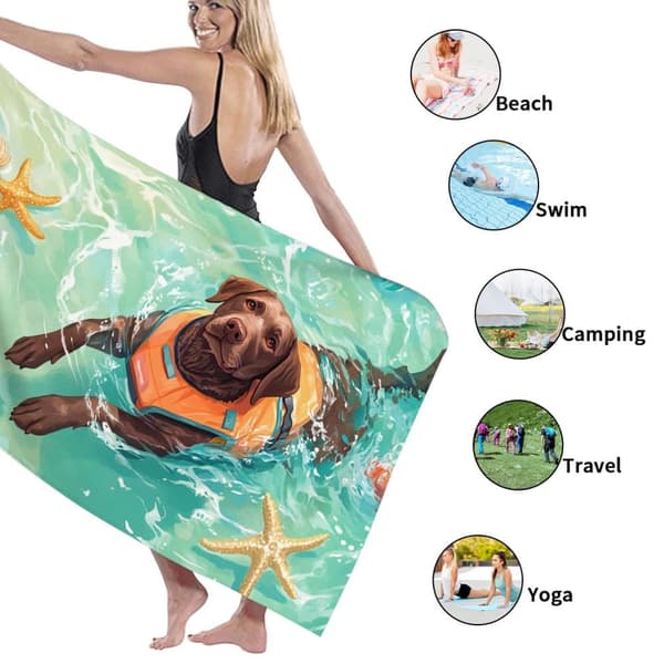 Bomclap Strandhåndklæde 70x140cm - Labradortrödler in Schwimmweste im Meer - Snabbrocknendes Badehåndklæde Reisehand