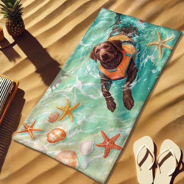 Bomclap Strandhåndklæde 70x140cm - Labradortrödler in Schwimmweste im Meer - Snabbrocknendes Badehåndklæde Reisehand
