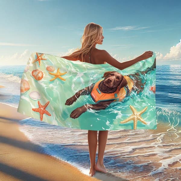 Bomclap Rantapyyhe 70x140cm - Labradortrödler in Schwimmweste im Meer - Motiv mit Sternenfischen und Muscheln Snabbrocknendes Kylpypyyhe Reisehand