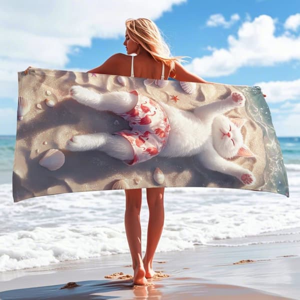 Bomclap Strandhåndklæde 70x140cm - Ruhender weißer Kater im Strand - Motivif mit Flamingo - Shorts Fastrocknendes Badehåndklæde Rejsehåndklæde