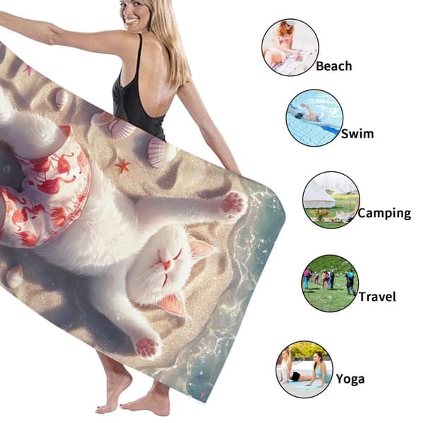 Bomclap Strandhåndklæde 70x140cm - Ruhender weißer Kater im Strand - Motivif mit Flamingo - Shorts Fastrocknendes Badehåndklæde Rejsehåndklæde