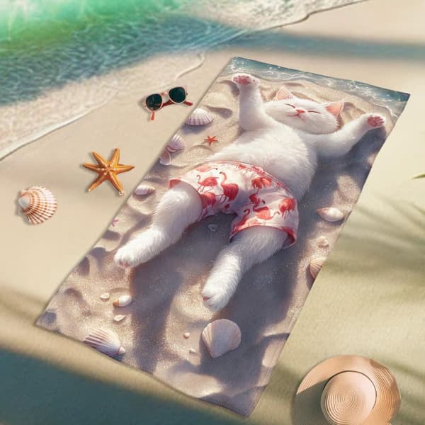 Bomclap Strandhandduk 70x140cm - Ruhender weißer Kater im Strand - Motiv mit Flamingo - Shorts Snabbtrocknendes Badhandduk Reisehandduk