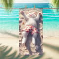 Miniatyrbillede 1 af 4: Bomclap Strandhåndklæde 70x140cm - Ruhender weißer Kater im Strand - Motivif mit Flamingo - Shorts Fastrocknendes Badehåndklæde Rejsehåndklæde