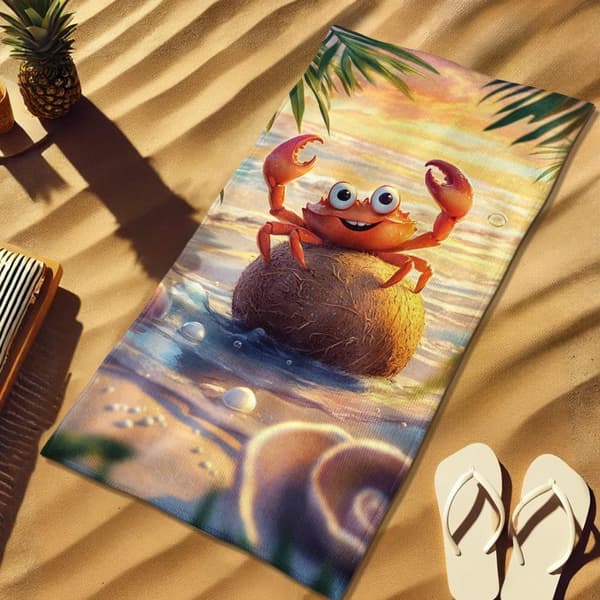Bomclap Rantapyyhe 70x140cm - Sarjakuva - Crab auf Coconut Cuddle - Motif am Beach Quick Rock Kylpypyyhe Matkapyyhe