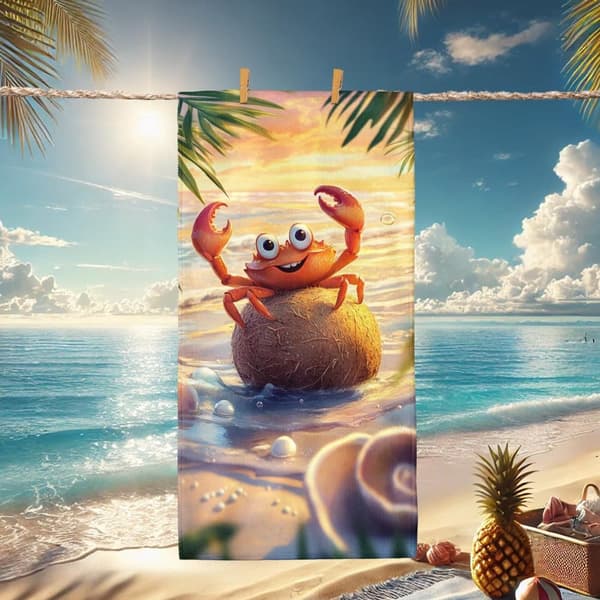 Bomclap Strandhåndklæde 70x140cm - Tegneserie - Krabbe auf Kokosnøddebøsse - Motif am Beach Quick Rock Badehåndklæde Rejsehåndklæde