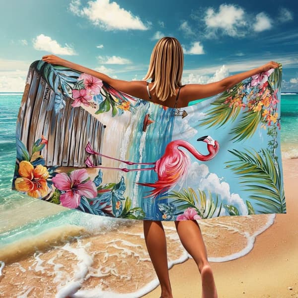 Bomclap Strandhåndklæde 70x140cm - Pink Flamingo auf Strandsteg mit Blumen - Badehåndklæde Rejsehåndklæde
