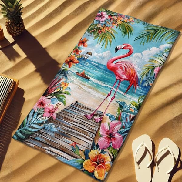 Bomclap Rantapyyhe 70x140cm - Pinkki Flamingo auf Strandsteg mit Blumen - Kylpypyyhe Matkapyyhe