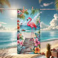 Pikkukuva 1 / 4: Bomclap Rantapyyhe 70x140cm - Pinkki Flamingo auf Strandsteg mit Blumen - Kylpypyyhe Matkapyyhe