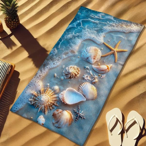 Bomclap Rantapyyhe 70x140cm - Meereskreaturen und Muscheln am Strand - Kylpypyyhe Matkapyyhe