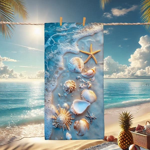 Bomclap Rantapyyhe 70x140cm - Meereskreaturen und Muscheln am Strand - Kylpypyyhe Matkapyyhe