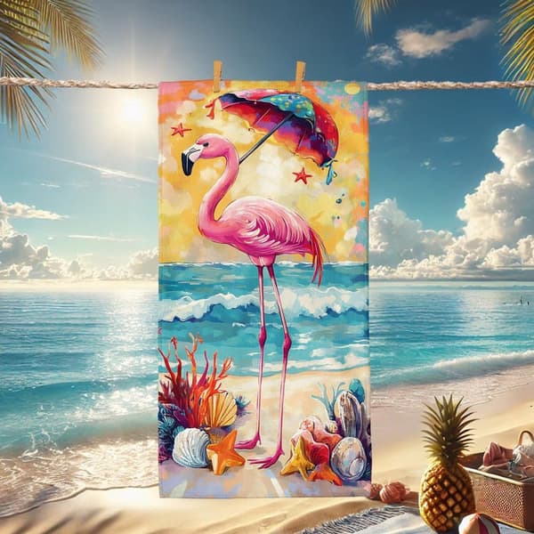 Bomclap Strandhåndklæde 70x140cm - Lyserød Flamingo mit Regenschirm am Strand - Strandhåndklæde Rejsehåndklæde