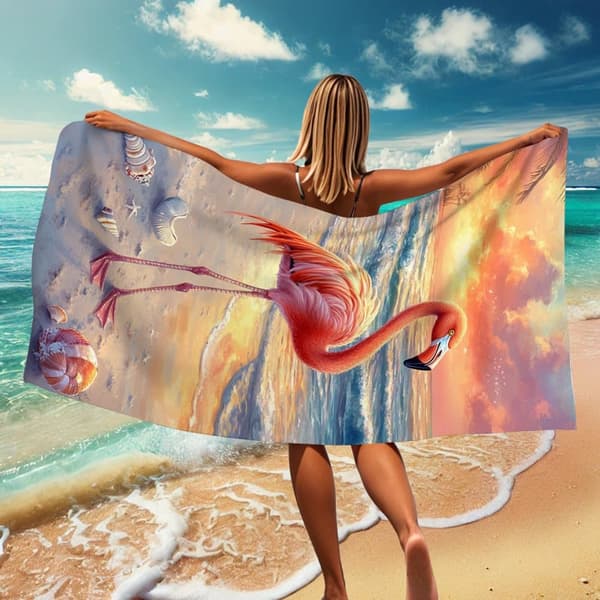 Bomclap Rantapyyhe 70x140cm - Vaaleanpunainen Flamingo am Sonnenuntergangsstrand - Kylpypyyhe Matkapyyhe