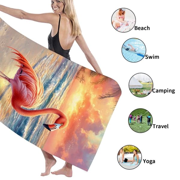 Bomclap Rantapyyhe 70x140cm - Vaaleanpunainen Flamingo am Sonnenuntergangsstrand - Kylpypyyhe Matkapyyhe