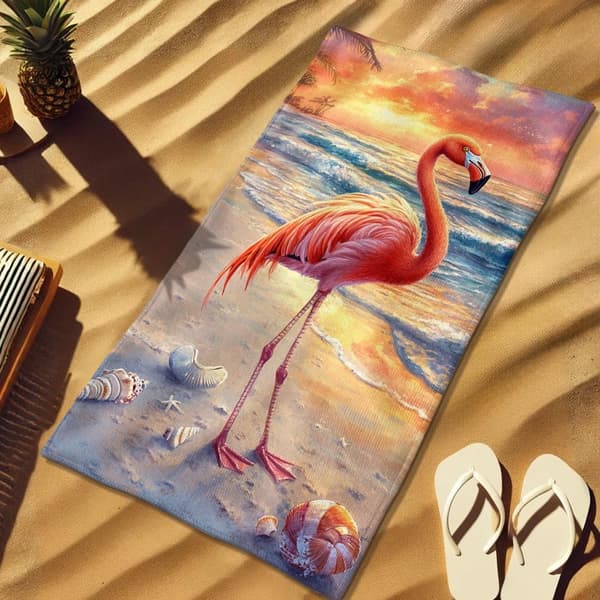 Bomclap Rantapyyhe 70x140cm - Vaaleanpunainen Flamingo am Sonnenuntergangsstrand - Kylpypyyhe Matkapyyhe