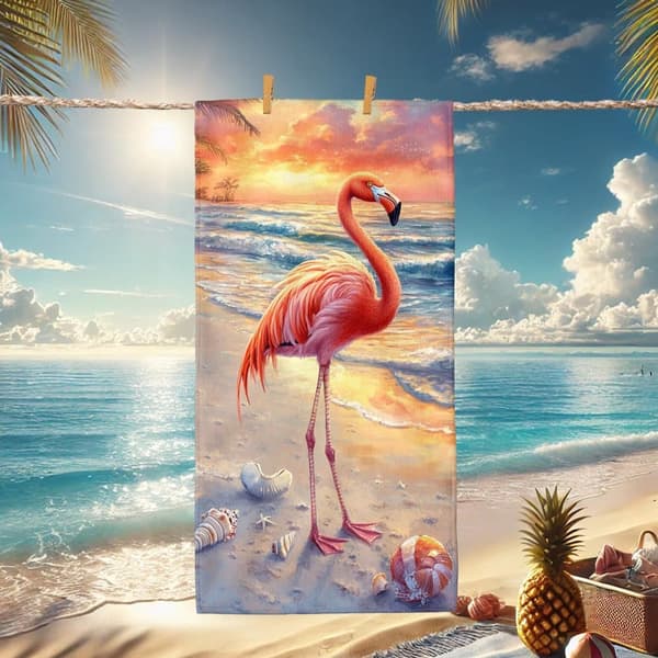 Bomclap Rantapyyhe 70x140cm - Vaaleanpunainen Flamingo am Sonnenuntergangsstrand - Kylpypyyhe Matkapyyhe