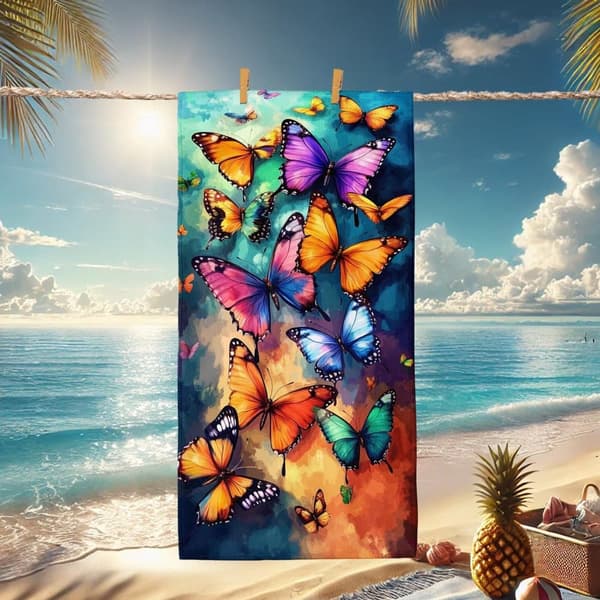 Bomclap Rantapyyhe 70x140cm - Vielfarbige Schmetterlinge - Design - Kylpypyyhe Matkapyyhe