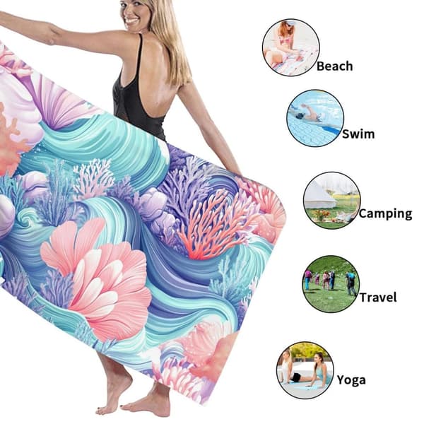 Bomclap Rantapyyhe 70x140cm - Meeresmotiv mit Wellen, Muscheln und Korallen - Kylpypyyhe Matkapyyhe