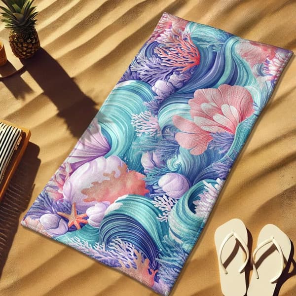 Bomclap Rantapyyhe 70x140cm - Meeresmotiv mit Wellen, Muscheln und Korallen - Kylpypyyhe Matkapyyhe