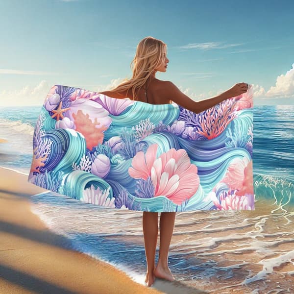 Bomclap Rantapyyhe 70x140cm - Meeresmotiv mit Wellen, Muscheln und Korallen - Kylpypyyhe Matkapyyhe