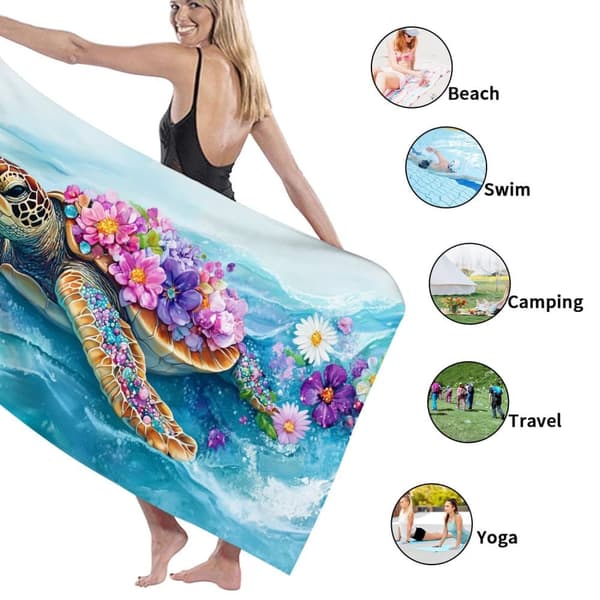Bomclap Rantapyyhe 70x140cm - Meeresschildkröte mit Blumen - Kylpypyyhe Matkapyyhe