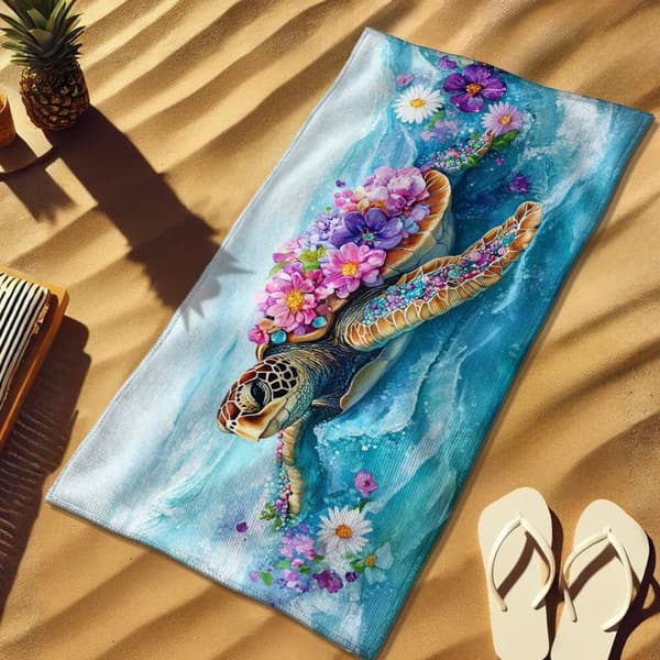 Bomclap Rantapyyhe 70x140cm - Meeresschildkröte mit Blumen - Kylpypyyhe Matkapyyhe