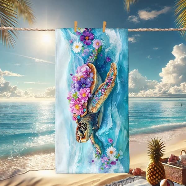 Bomclap Rantapyyhe 70x140cm - Meeresschildkröte mit Blumen - Kylpypyyhe Matkapyyhe