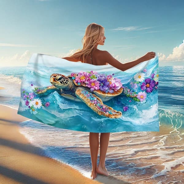 Bomclap Rantapyyhe 70x140cm - Meeresschildkröte mit Blumen - Kylpypyyhe Matkapyyhe