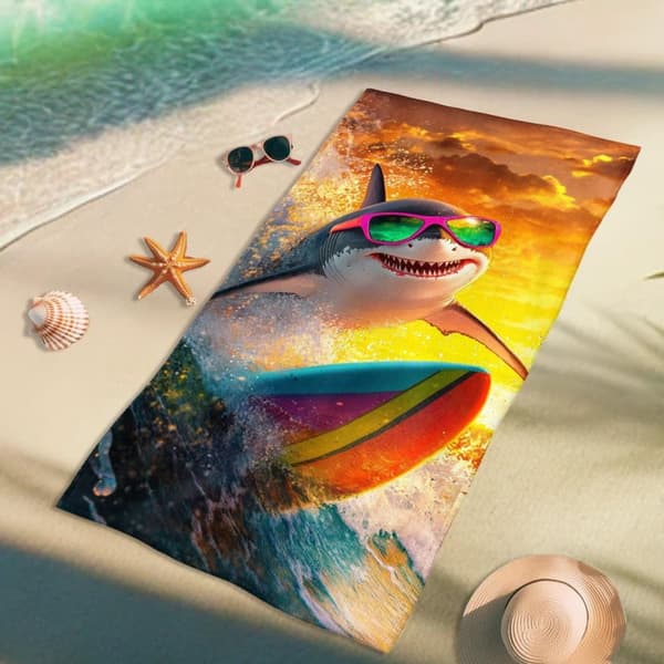 Bomclap Rantapyyhe 70x140cm - Cooler Hai mit Surffilauta - Kylpypyyhe Matkapyyhe