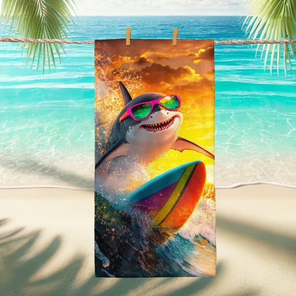 Bomclap Rantapyyhe 70x140cm - Cooler Hai mit Surffilauta - Kylpypyyhe Matkapyyhe