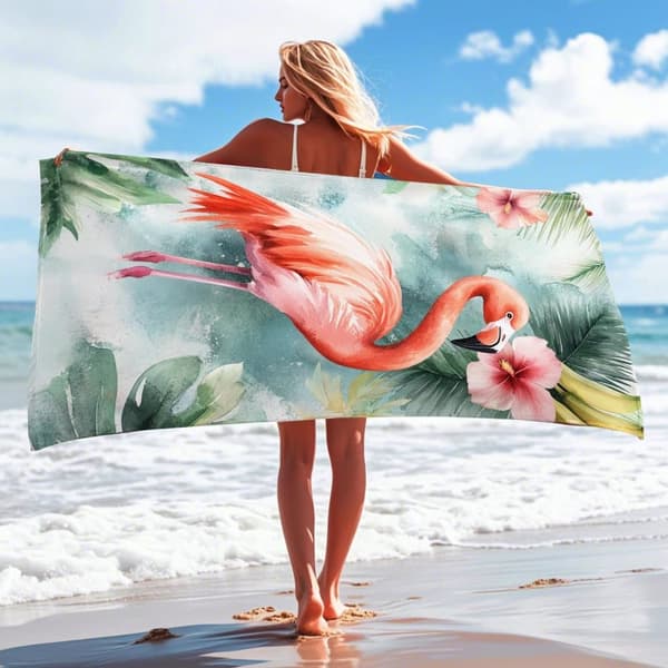 Bomclap Strandhåndklæde 70x140cm - Lyserød Flamingo mit Blumen - Badehåndklæde Rejsehåndklæde