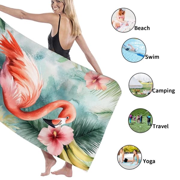 Bomclap Strandhåndklæde 70x140cm - Lyserød Flamingo mit Blumen - Badehåndklæde Rejsehåndklæde