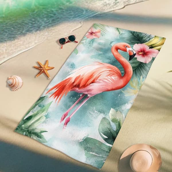 Bomclap Strandhåndklæde 70x140cm - Lyserød Flamingo mit Blumen - Badehåndklæde Rejsehåndklæde