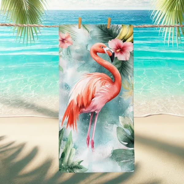 Bomclap Strandhåndklæde 70x140cm - Lyserød Flamingo mit Blumen - Badehåndklæde Rejsehåndklæde