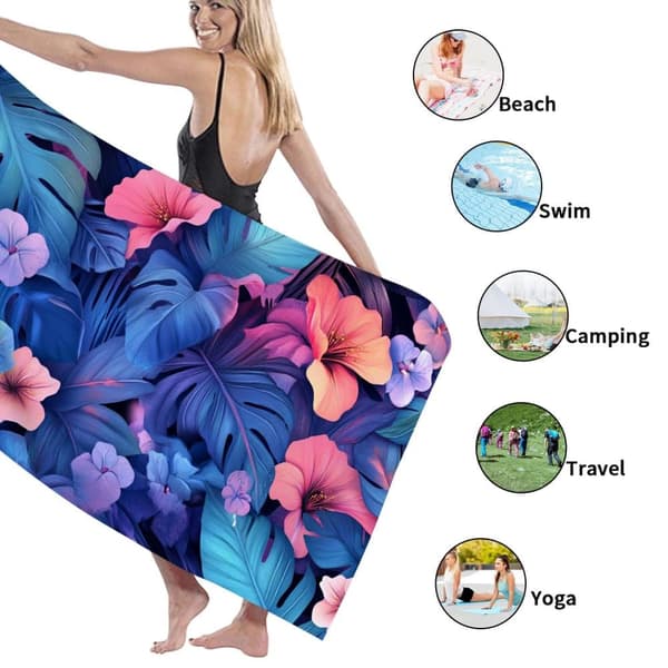Bomclap Rantapyyhe 70x140cm - Türkisfarbene Blumen und Blätter - Motif - Kylpypyyhe Matkapyyhe