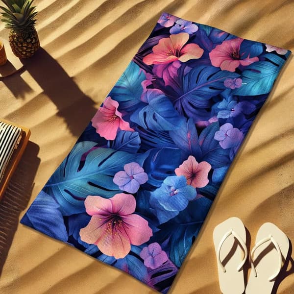 Bomclap Rantapyyhe 70x140cm - Türkisfarbene Blumen und Blätter - Motif - Kylpypyyhe Matkapyyhe