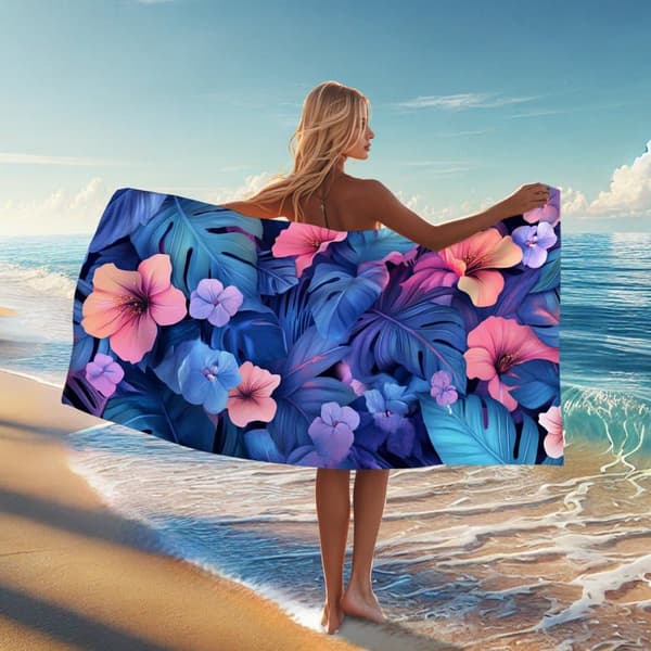 Bomclap Rantapyyhe 70x140cm - Türkisfarbene Blumen und Blätter - Motif - Kylpypyyhe Matkapyyhe