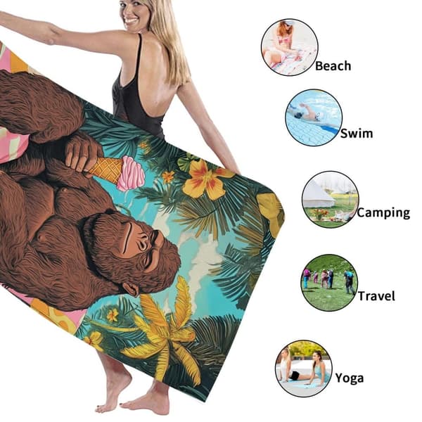 Bomclap Rantapyyhe 70x140cm - Orang-Utan mit Eiskrem am Strand - Rantapyyhe Matkapyyhe