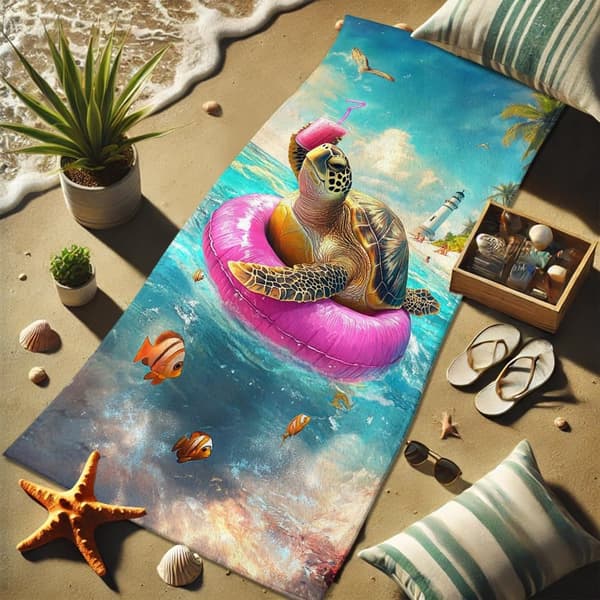 Bomclap Rantapyyhe 70x140cm - Meeresschildkröte auf Luftmatratze mit Getränk - Kylpypyyhe Matkapyyhe