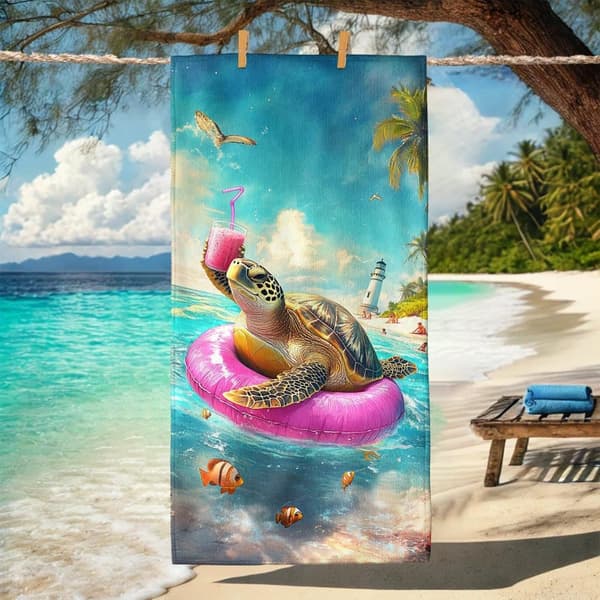 Bomclap Rantapyyhe 70x140cm - Meeresschildkröte auf Luftmatratze mit Getränk - Kylpypyyhe Matkapyyhe