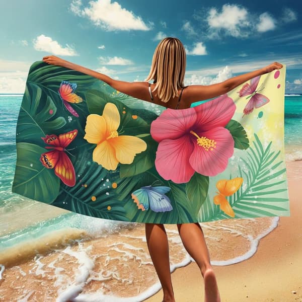Bomclap Strandhåndklæde 70x140cm - Hibiscusblumen und Schmetterlinge - Motiv - Badehåndklæde Rejsehåndklæde