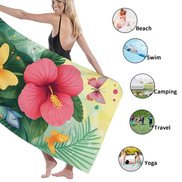 Bomclap Strandhåndklæde 70x140cm - Hibiscusblumen und Schmetterlinge - Motiv - Badehåndklæde Rejsehåndklæde