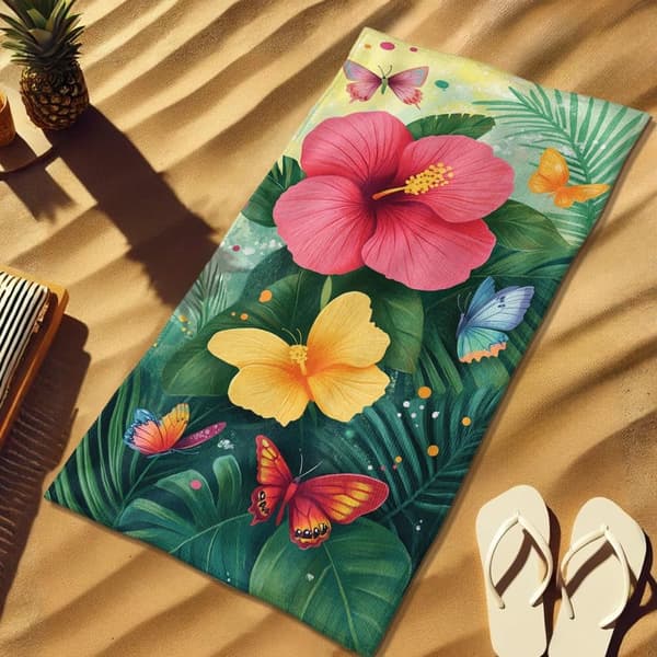Bomclap Strandhåndklæde 70x140cm - Hibiscusblumen und Schmetterlinge - Motiv - Badehåndklæde Rejsehåndklæde